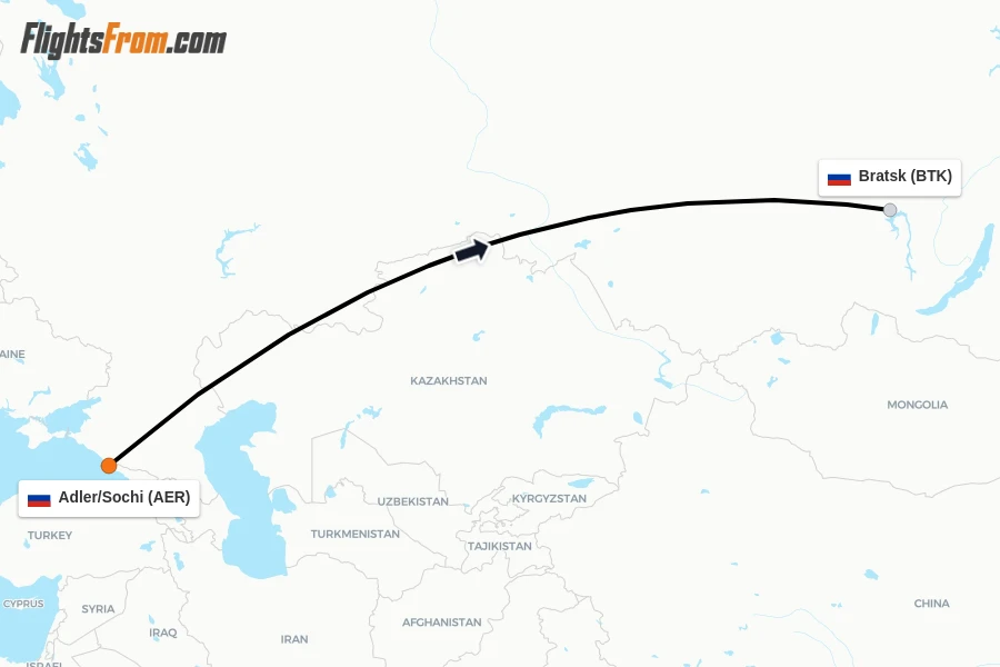 Flights from Adler/Sochi to Bratsk route map