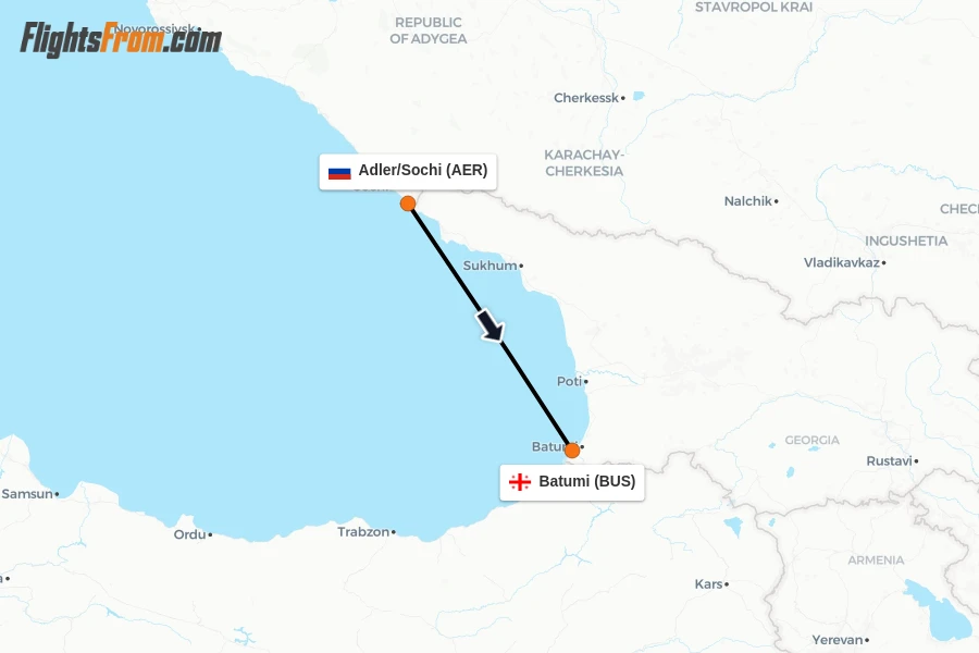 Flights from Adler/Sochi to Batumi route map