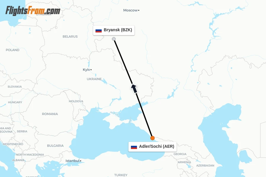 Flights from Adler/Sochi to Bryansk route map