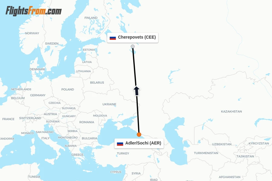 Flights from Adler/Sochi to Cherepovets route map