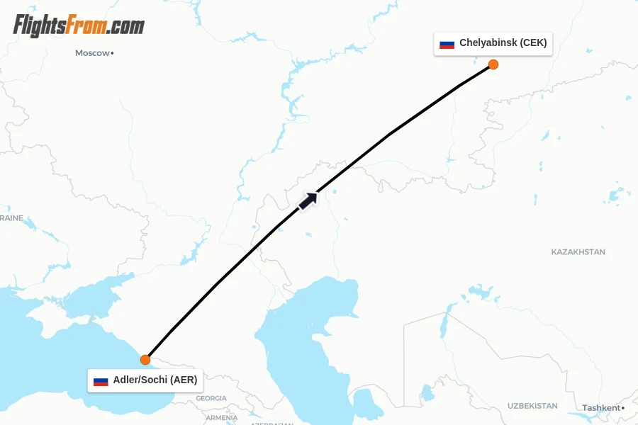 Flights from Adler/Sochi to Chelyabinsk route map