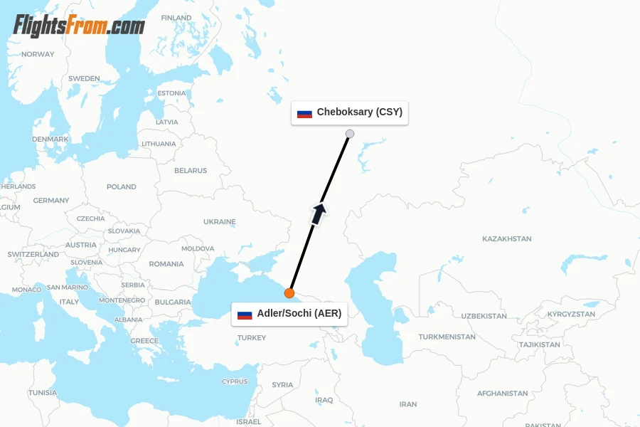 Flights from Adler/Sochi to Cheboksary route map