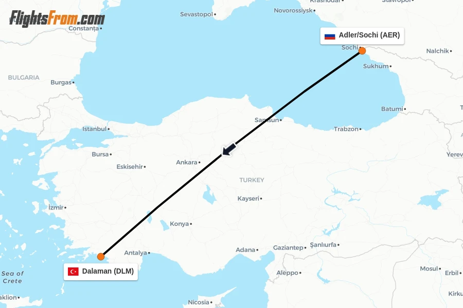 Flights from Adler/Sochi to Dalaman route map