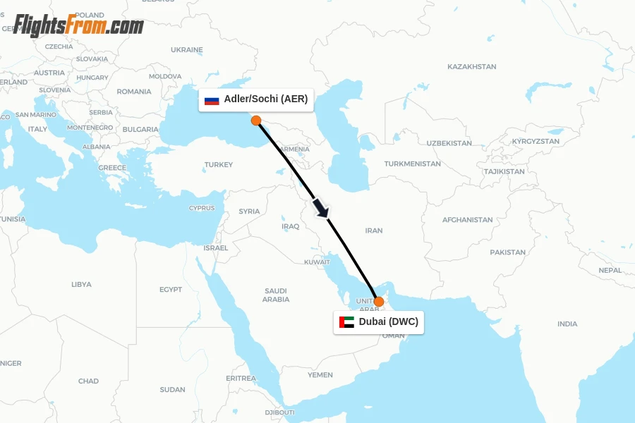 Flights from Adler/Sochi to Dubai route map