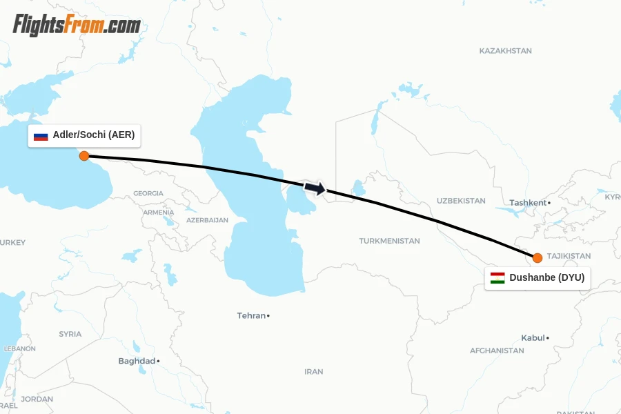 Flights from Adler/Sochi to Dushanbe route map