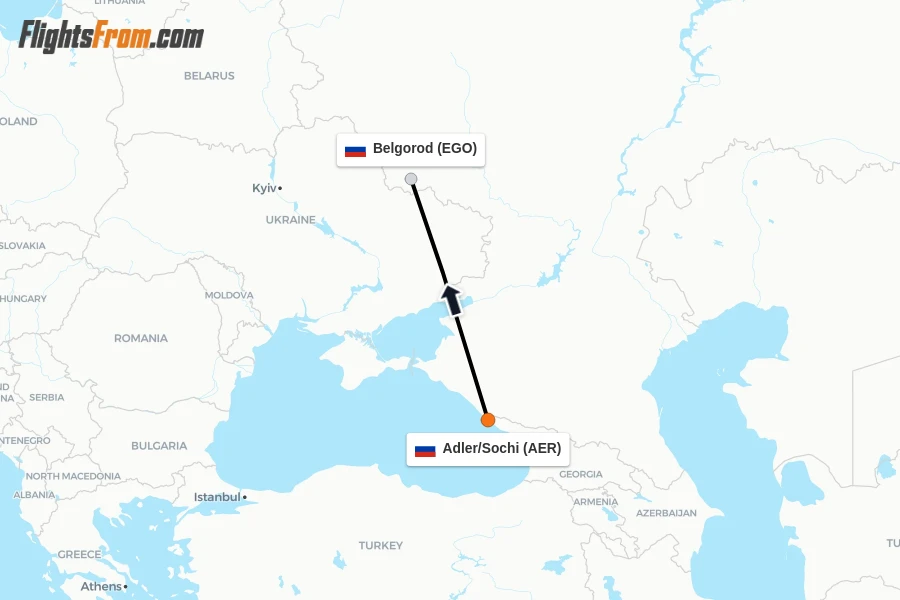 Flights from Adler/Sochi to Belgorod route map