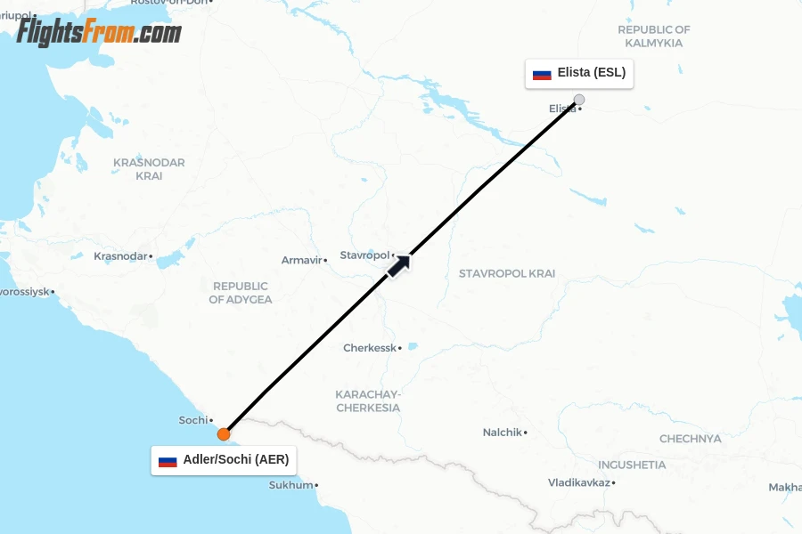 Flights from Adler/Sochi to Elista route map
