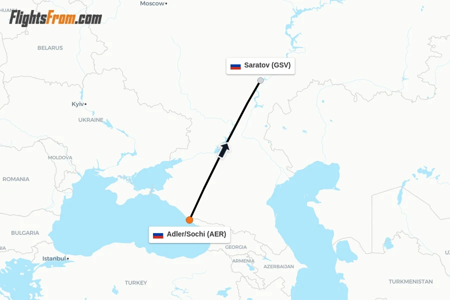Flights from Adler/Sochi to Saratov route map