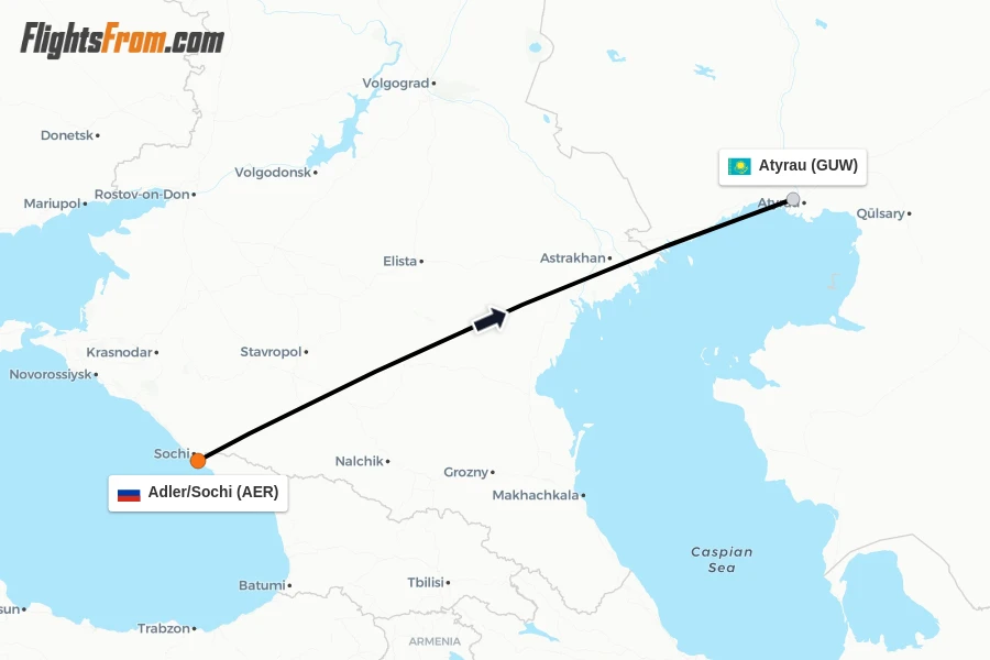 Flights from Adler/Sochi to Atyrau route map