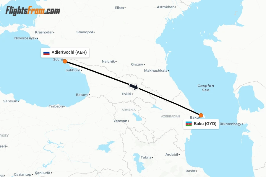 Flights from Adler/Sochi to Baku route map