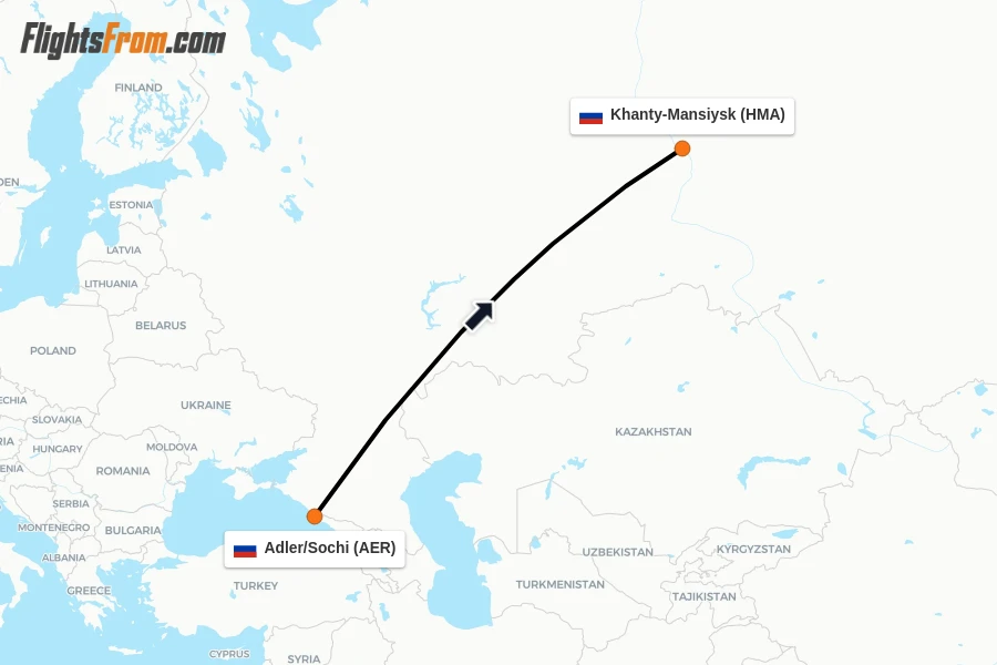 Flights from Adler/Sochi to Khanty-Mansiysk route map