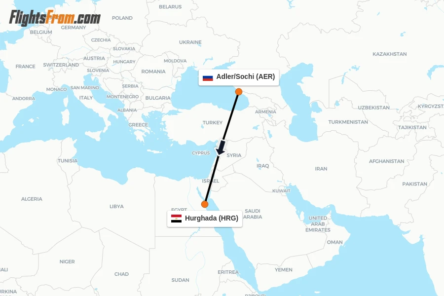 Flights from Adler/Sochi to Hurghada route map
