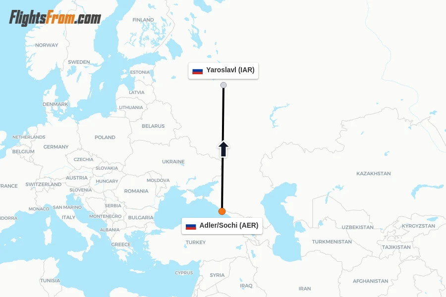 Flights from Adler/Sochi to Yaroslavl route map