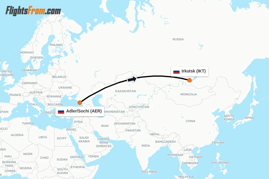 Flights from Adler/Sochi to Irkutsk route map