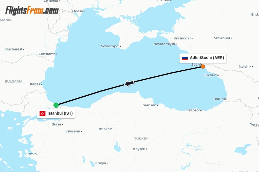 Flights from Adler/Sochi to Istanbul route map