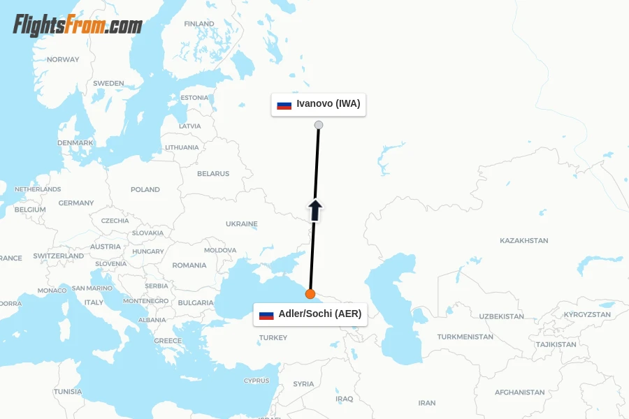 Flights from Adler/Sochi to Ivanovo route map