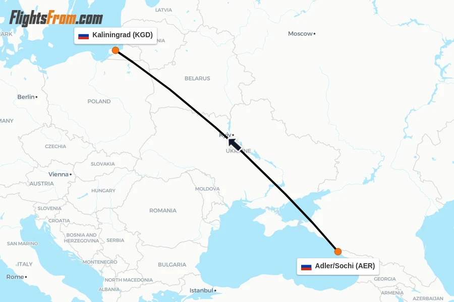 Flights from Adler/Sochi to Kaliningrad route map