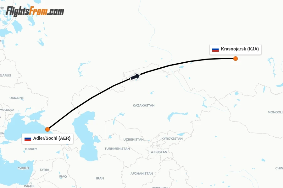 Flights from Adler/Sochi to Krasnojarsk route map