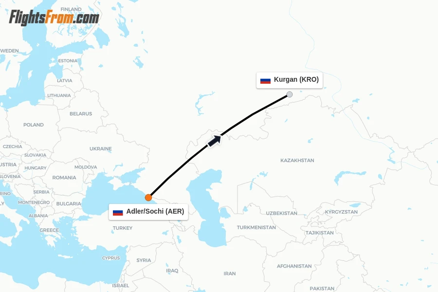 Flights from Adler/Sochi to Kurgan route map