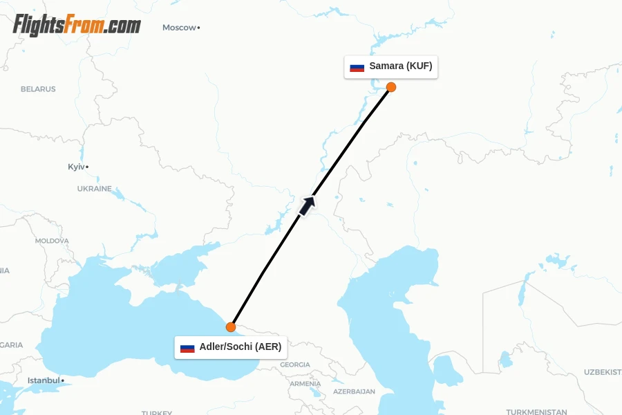 Flights from Adler/Sochi to Samara route map