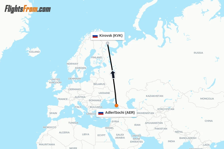 Flights from Adler/Sochi to Kirovsk route map