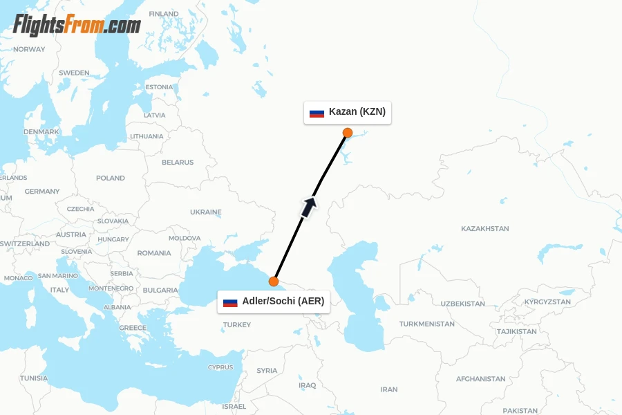 Flights from Adler/Sochi to Kazan route map