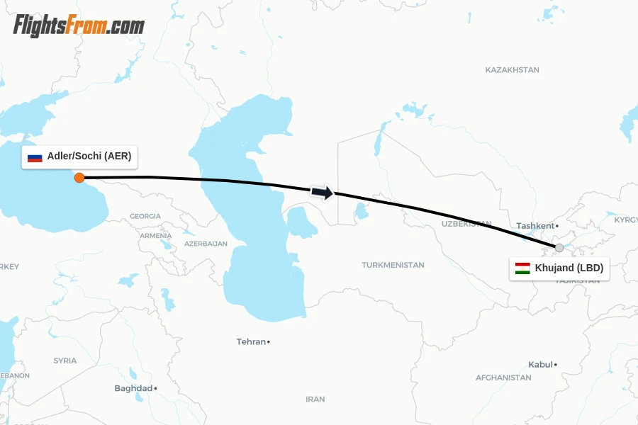 Flights from Adler/Sochi to Khujand route map