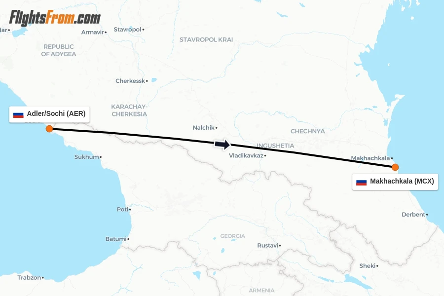 Flights from Adler/Sochi to Makhachkala route map