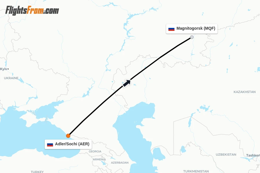 Flights from Adler/Sochi to Magnitogorsk route map