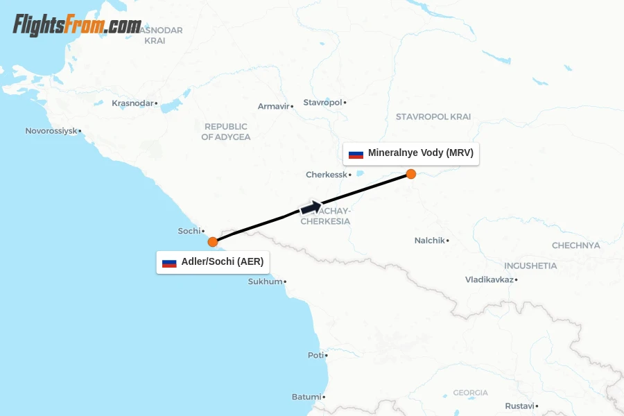 Flights from Adler/Sochi to Mineralnye Vody route map
