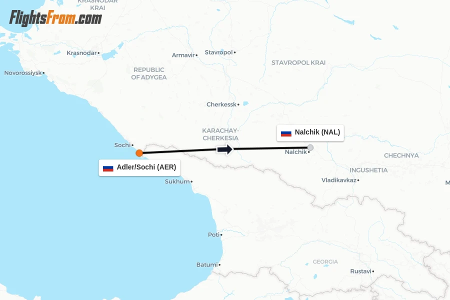 Flights from Adler/Sochi to Nalchik route map