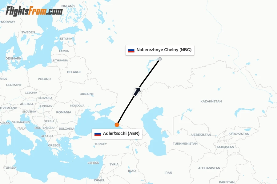 Flights from Adler/Sochi to Naberezhnye Chelny route map