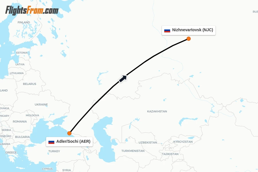 Flights from Adler/Sochi to Nizhnevartovsk route map