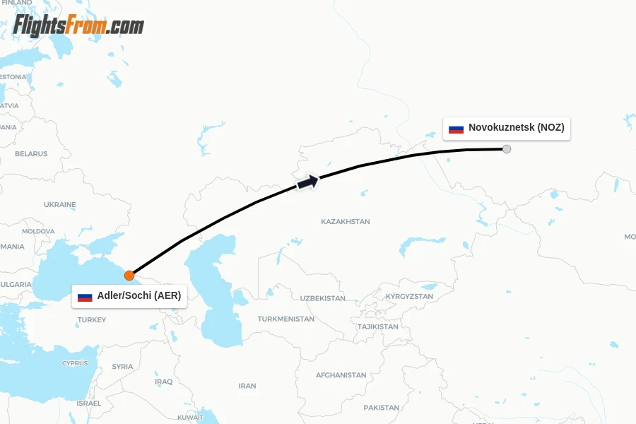 Flights from Adler/Sochi to Novokuznetsk route map