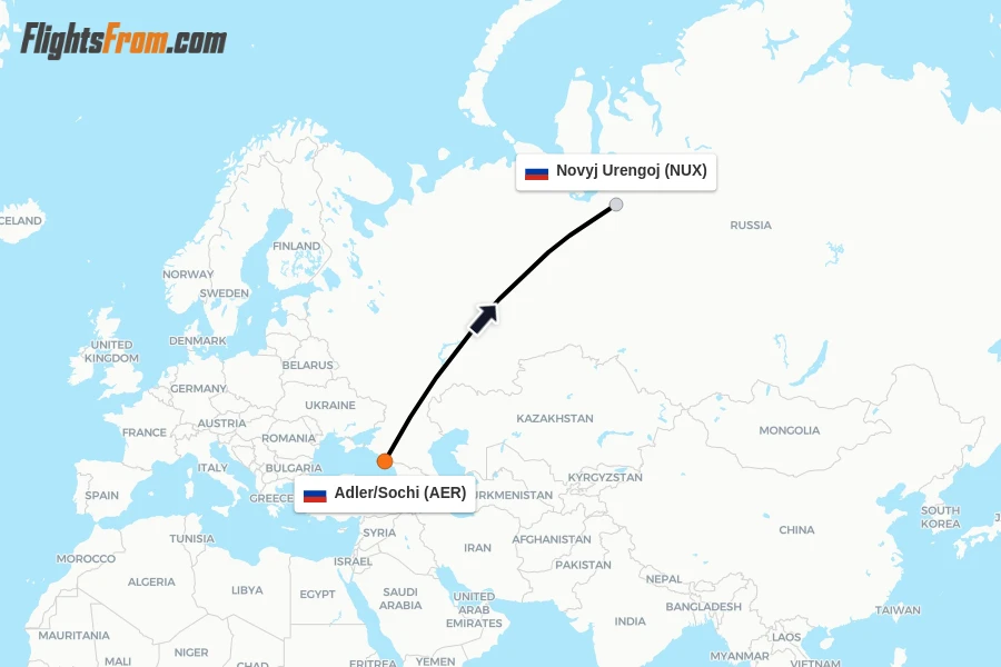 Flights from Adler/Sochi to Novyj Urengoj route map
