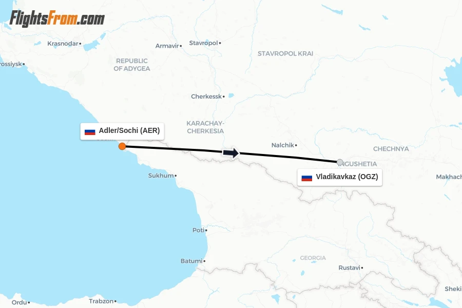 Flights from Adler/Sochi to Vladikavkaz route map
