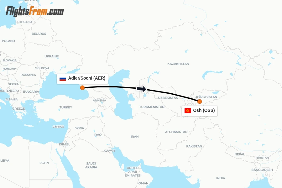 Flights from Adler/Sochi to Osh route map