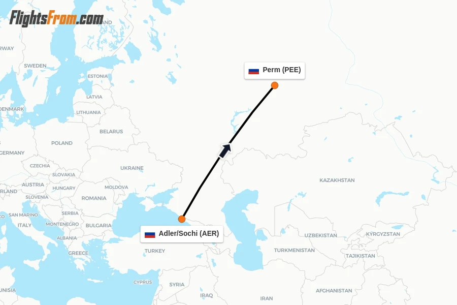 Flights from Adler/Sochi to Perm route map