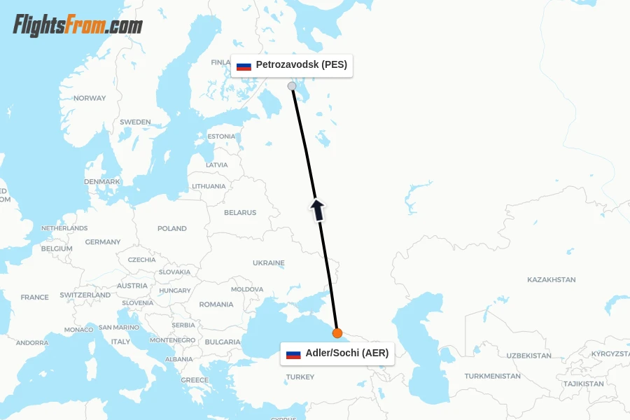 Flights from Adler/Sochi to Petrozavodsk route map