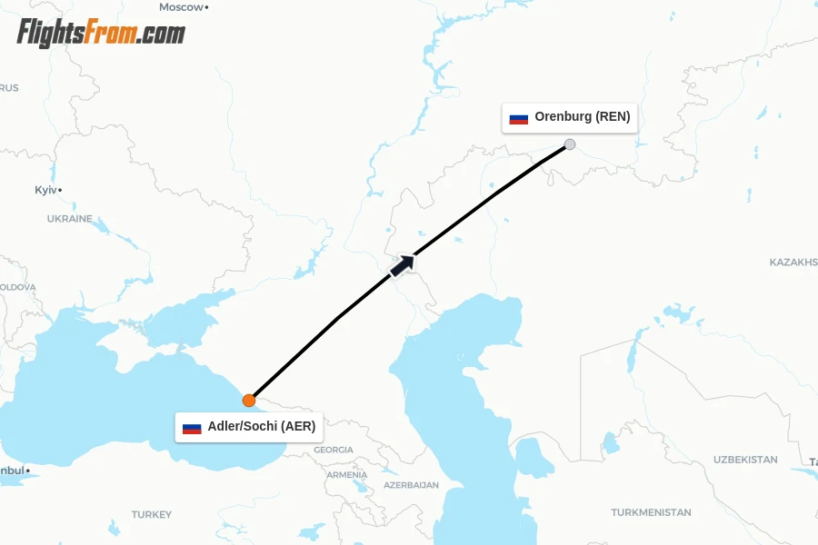 Flights from Adler/Sochi to Orenburg route map