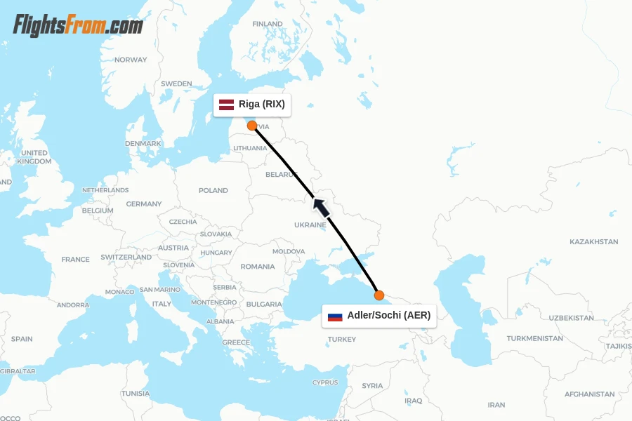 Flights from Adler/Sochi to Riga route map