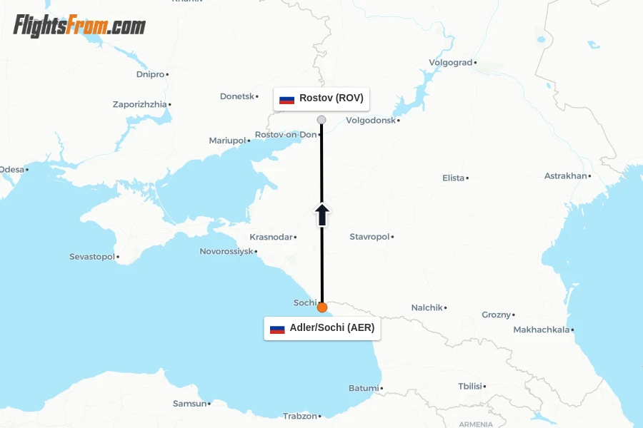 Flights from Adler/Sochi to Rostov route map