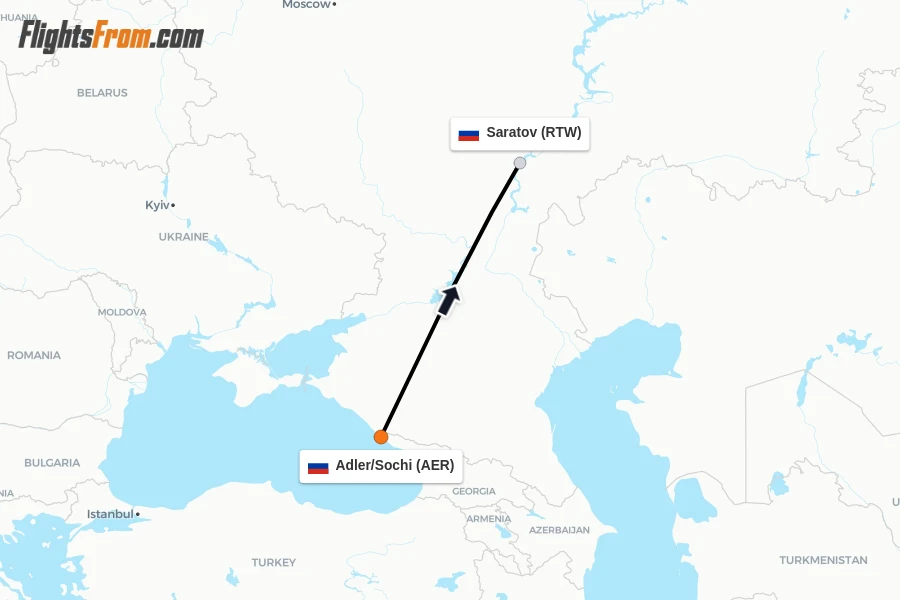Flights from Adler/Sochi to Saratov route map