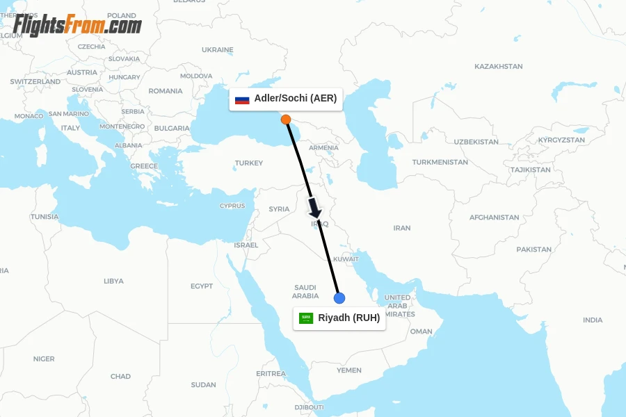 Flights from Adler/Sochi to Riyadh route map