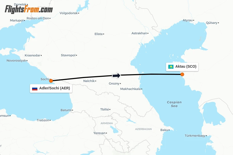 Flights from Adler/Sochi to Aktau route map