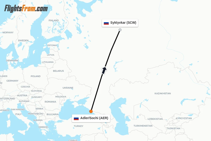 Flights from Adler/Sochi to Syktyvkar route map