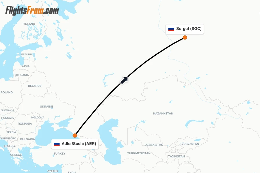 Flights from Adler/Sochi to Surgut route map