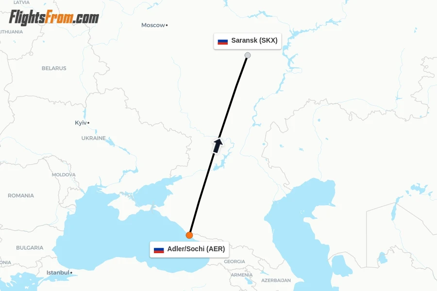 Flights from Adler/Sochi to Saransk route map