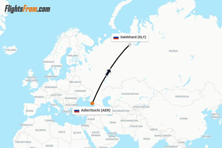 Flights from Adler/Sochi to Salekhard route map