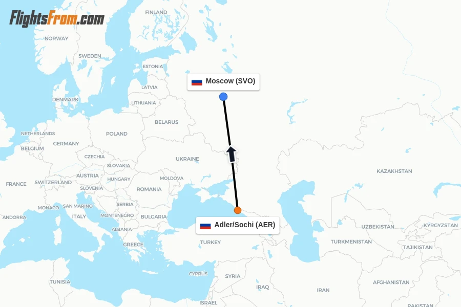 Flights from Adler/Sochi to Moscow route map